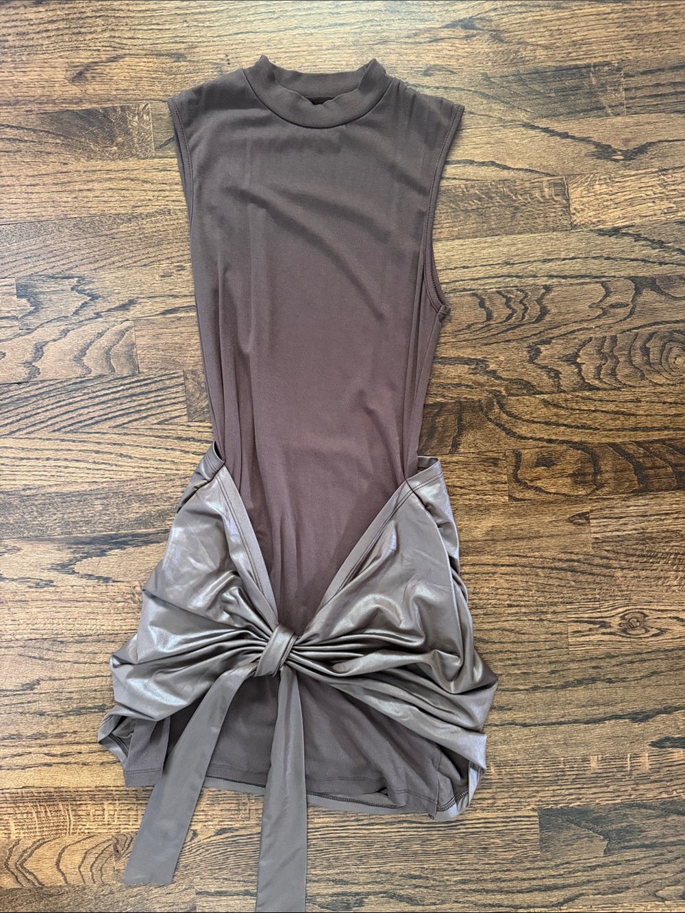 Sleeveless Brown Knot-Front Bodycon Dress with Faux Leather Detail